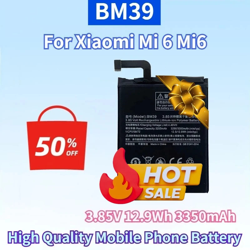 

Newest BM39 3.85V 12.9Wh 3350mAh Lithium-ion Rechargeable Battery for Xiaomi Mi 6 Mi6 MCE16 High Quality Mobile Phone Battery