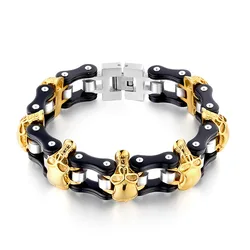 Heavy 316L Stainless Steel Gold Black color Skull Motorcycle Chain Bracelet Men's Jewelry