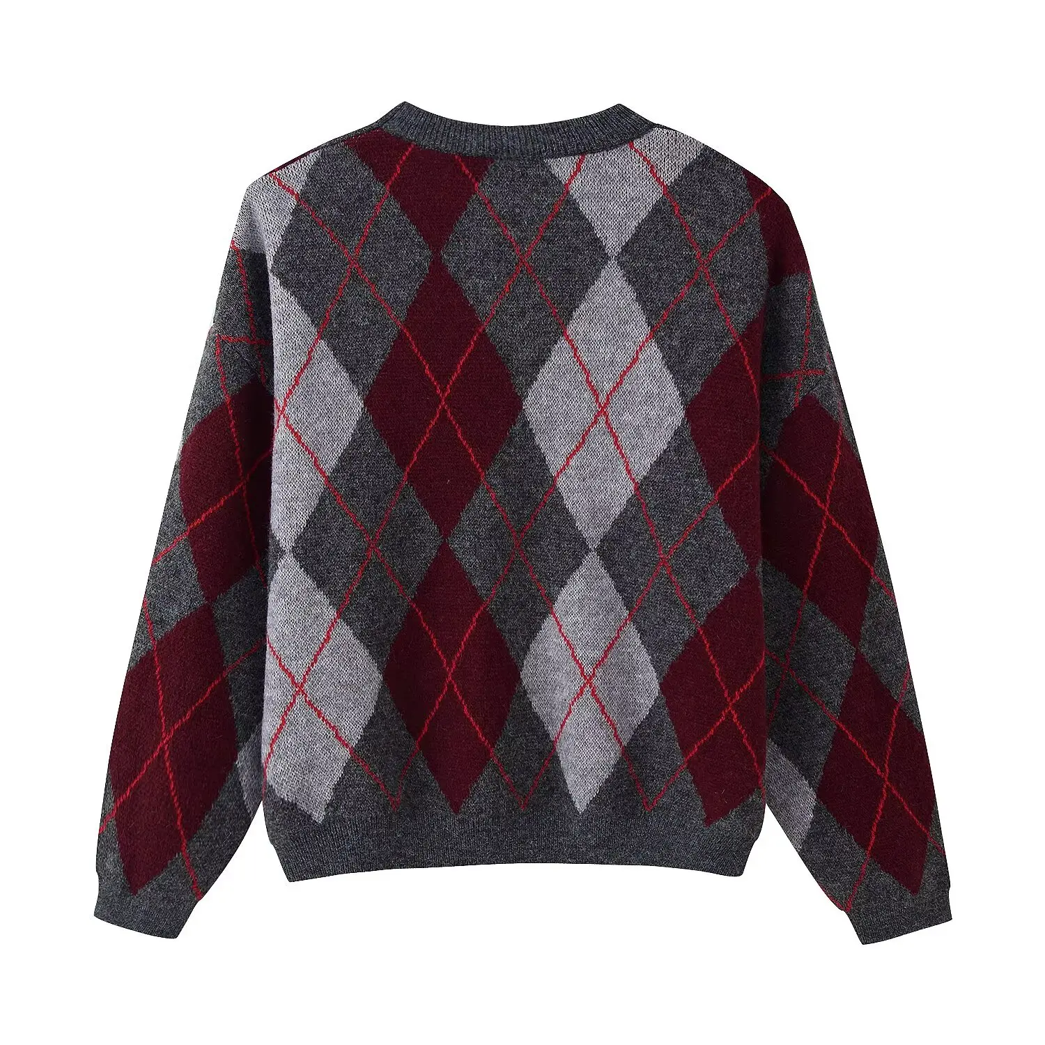 Pull rétro à manches longues et col rond pour femme, vêtement rétro avec grille de diamant contrasté, nouveau style de tempérament, automne et hiver