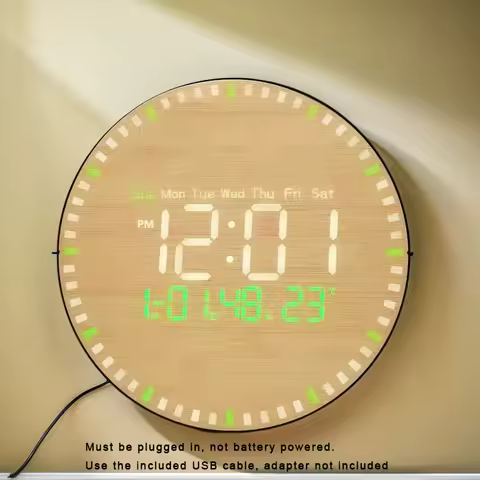 Alarm Clock Can Be Placed and Hung on the Wall - Black Frame Wood Color, Silent Non-Drip and Answer USB Powered Round Easy to Read Home/Kitchen/Office/Classroom/School Clock, Digital Display Clock with Temperature and Humidity Week Two-Color Display, with Remote Control
