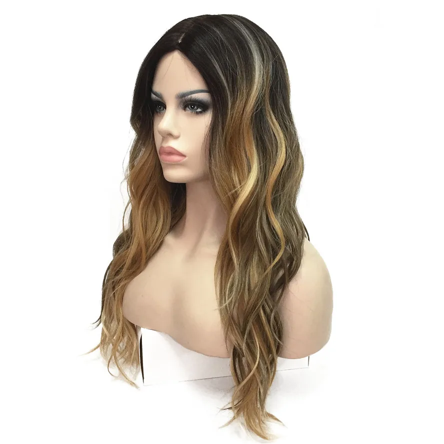 Ombre Brown Mixed Blonde Synthetic Wigs Long Natural Wavy Hair Wig for Women Daily Cosplay Use Heat Resistant Hair