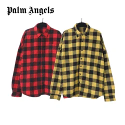 PALM ANGELS 체크 무늬 레터 셔츠, 아트한 코튼 단추 탑