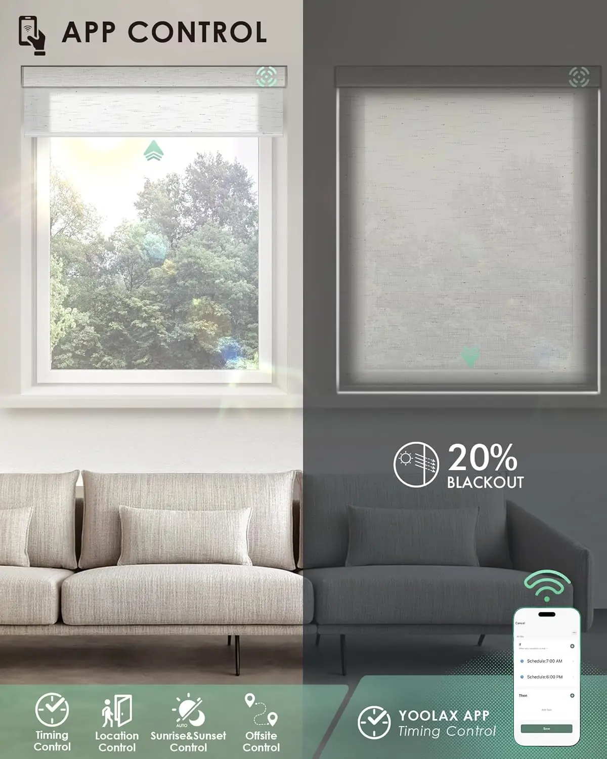 Electric Blinds with Remote, 100% Blackout Smart Roller Blinds Electric