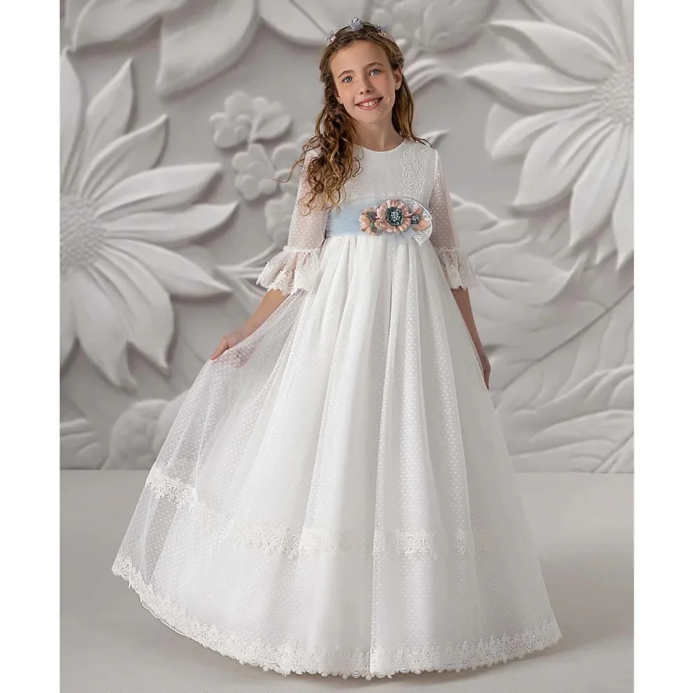 

Customized Cute Bow Flower Girl Dress for Wedding 2026 Lace Ball Gown Draped Birthday Party First Communion Kid's Gowns Long