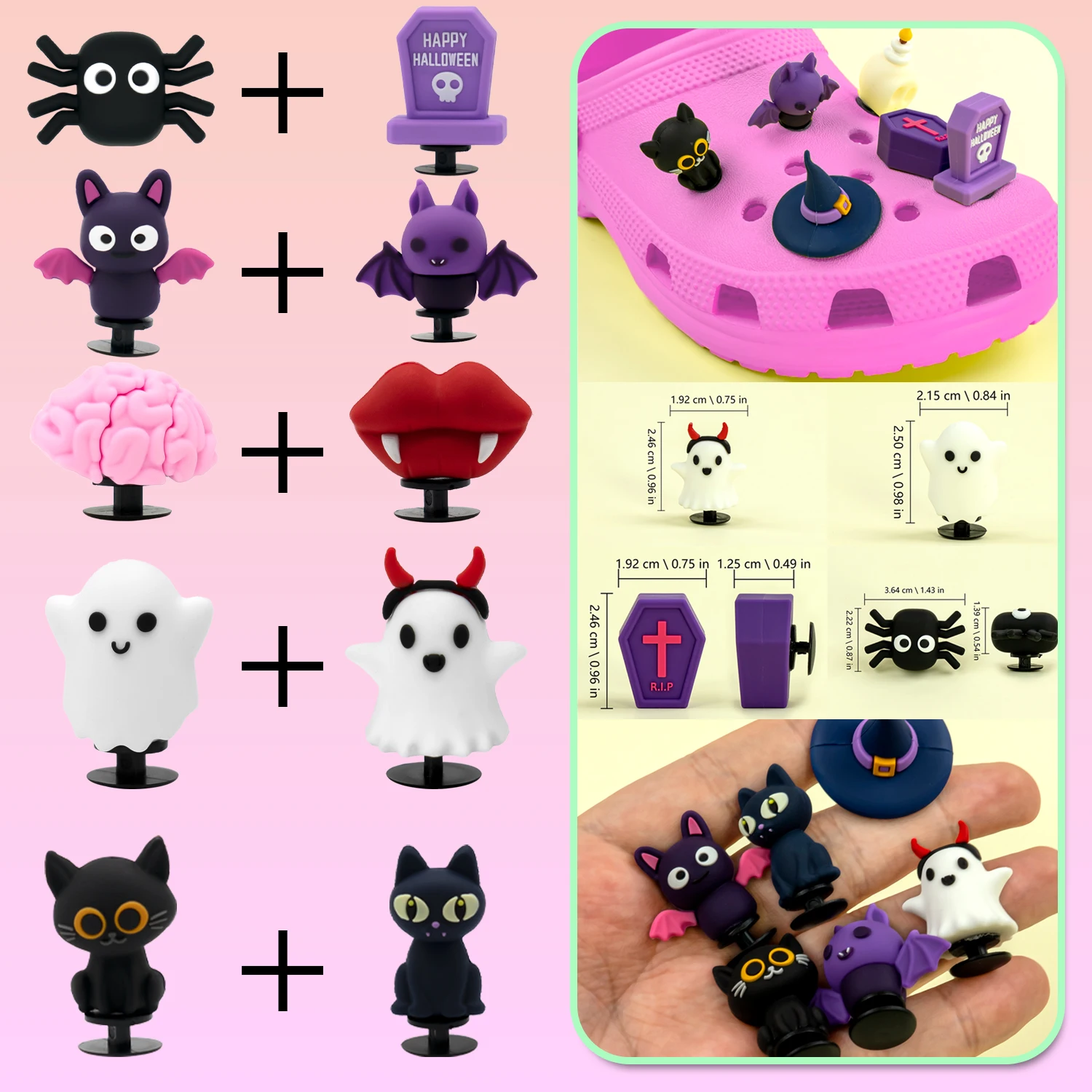 1/2/16pcs Halloween 3D Shoe Accessories Charms Bat Spider Teeth Shoe Decoration for Sandals Ghost Cat Fits All Clogs Pin Jeans