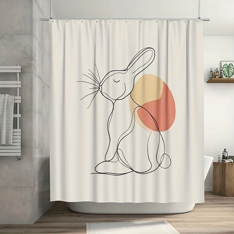 

Минималистичная занавеска для душа с кроликом, гладкие абстрактные линии и геометрические фигуры, мягкий пастельный фон, современный декор для ванны