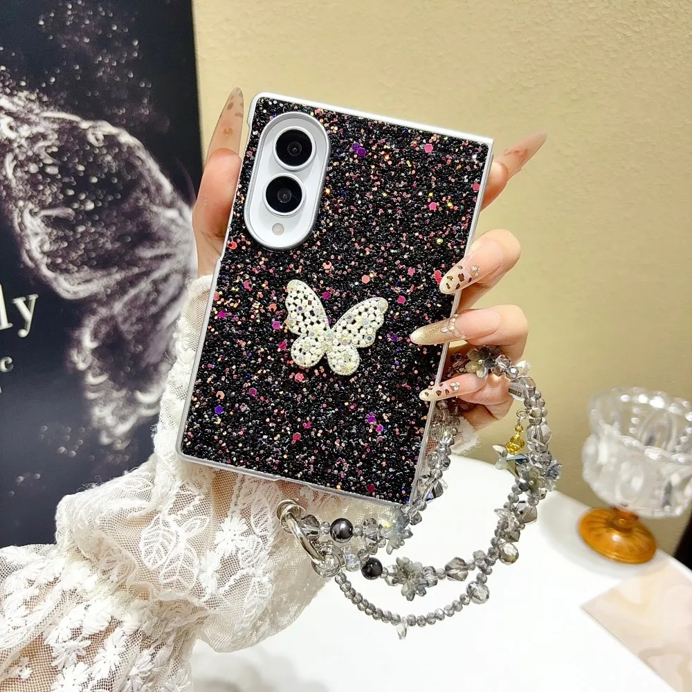 Glitter For Samsung Galaxy Z Fold 8 Wide Protection Phone Case Butterfly Bracelet Shockproof PC Shell Solid Color Back Cover