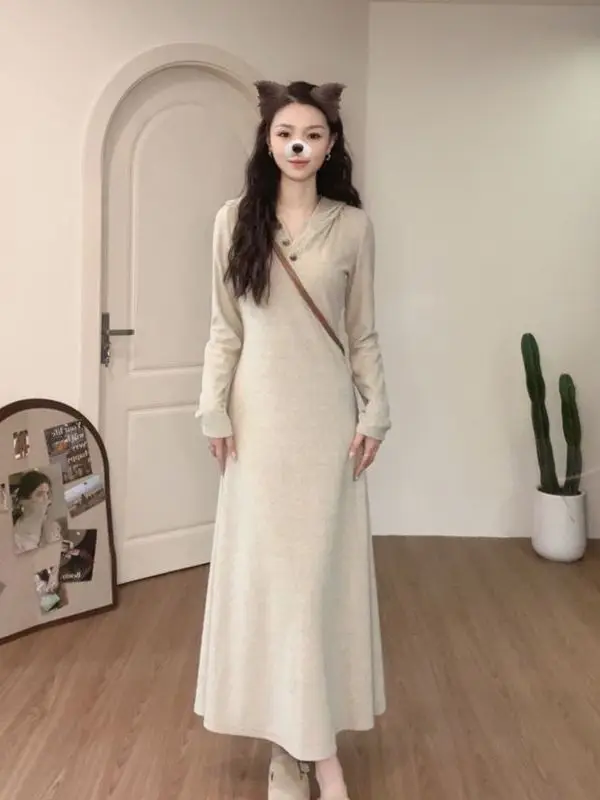 

Женская трикотажная юбка-миди с капюшоном Long Sve, французская юбка трапециевидной формы с силуэтом, подходит для Ci Commute Dr