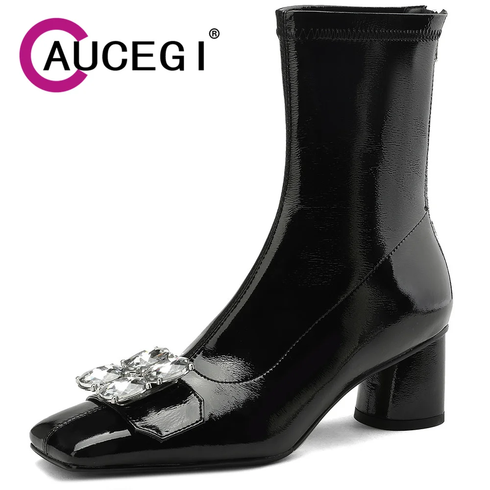 Aucegi Slim Autumn Winter Crystals Studded Square Toe Ankle Boots Fashion Women's High Heels Quality Leather Zipper Woman Shoes