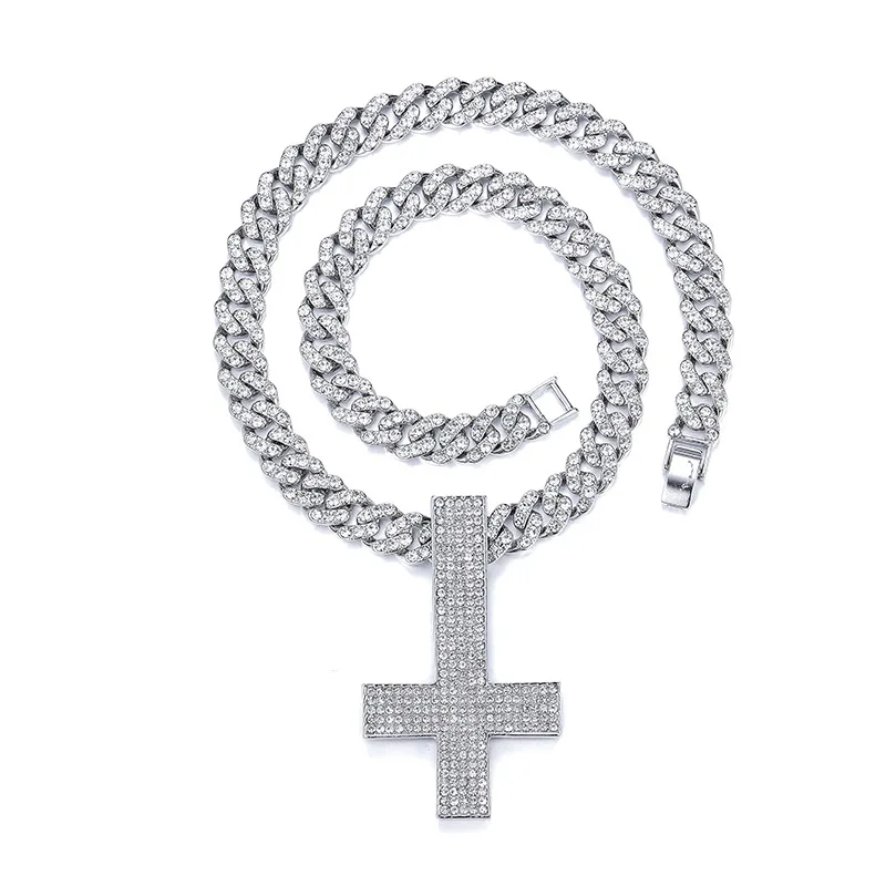 Inverted Cross Iced Out Pendants Necklace for Men With Bling Cuban Chain Hip Hop Jewelry Drop Shipping Gift