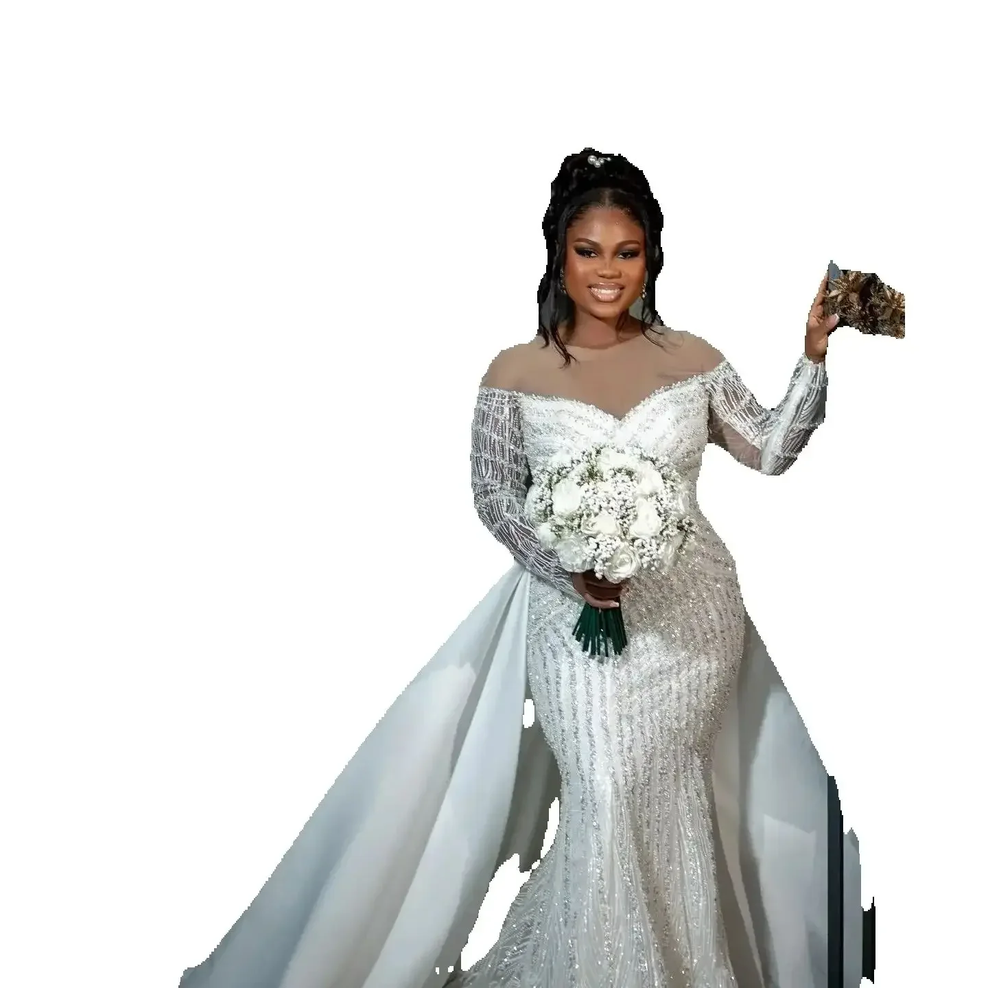 ชุดแต่งงานทรงเมอร์เมดแบบอาหรับ แขนยาว ประดับเลื่อมและลูกปัด ดีไซน์สวยหรู พร้อมกระโปรงแบบถอดได้