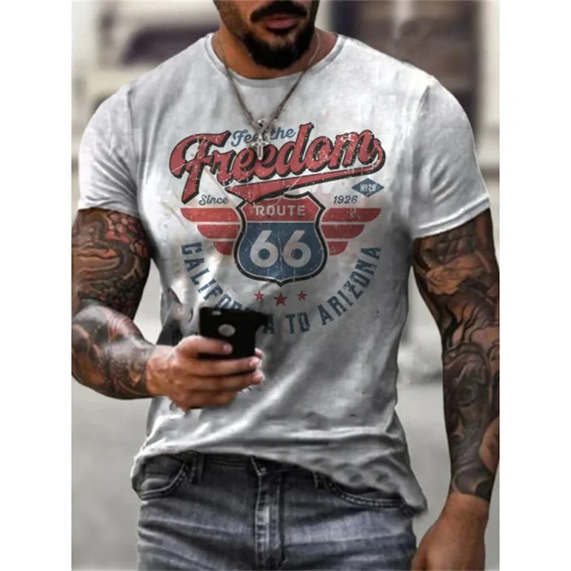 California Retro Fashion Route 66 Motorcycle 3D Printed Men\'s T-shirt Fashion Extra Large Round Neck T-shirt Street Clothing