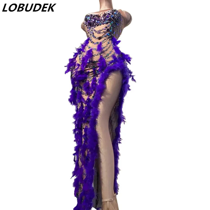 

New Sexy Nightclub Bar Dance Costume Purple Sequins Feather Slit Long Dress Women Lead Dancer Party Performance Stage Wear