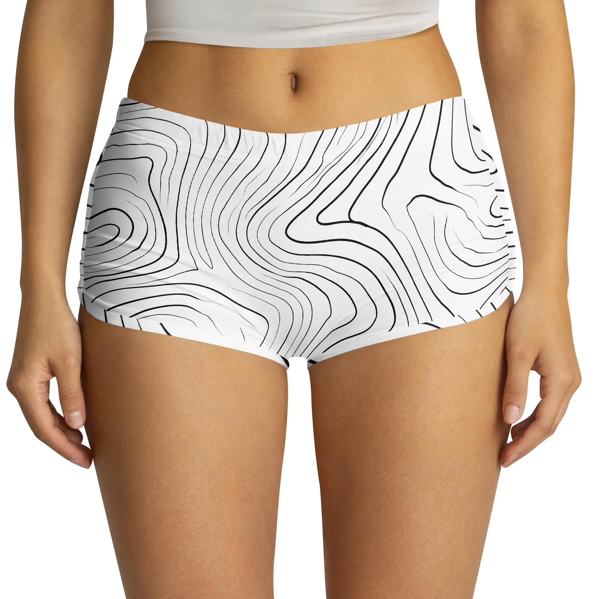 Abstract Line Print Shorts, Black White Pattern Bottoms, Artistic Graphic Hot Pants, Summer Beach Wear for Women, S-2XL