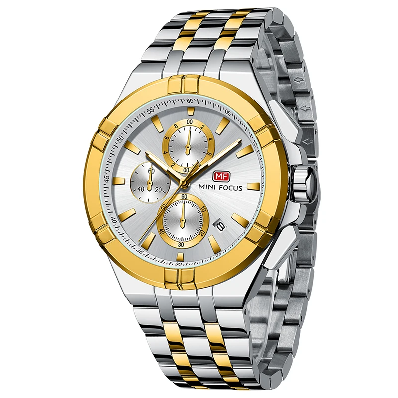 

MINI FOCUS MF0471G Men Chronograph Wristwatch Stainless Steel Band Luminous Hands Waterproof Luxury Quartz Watches