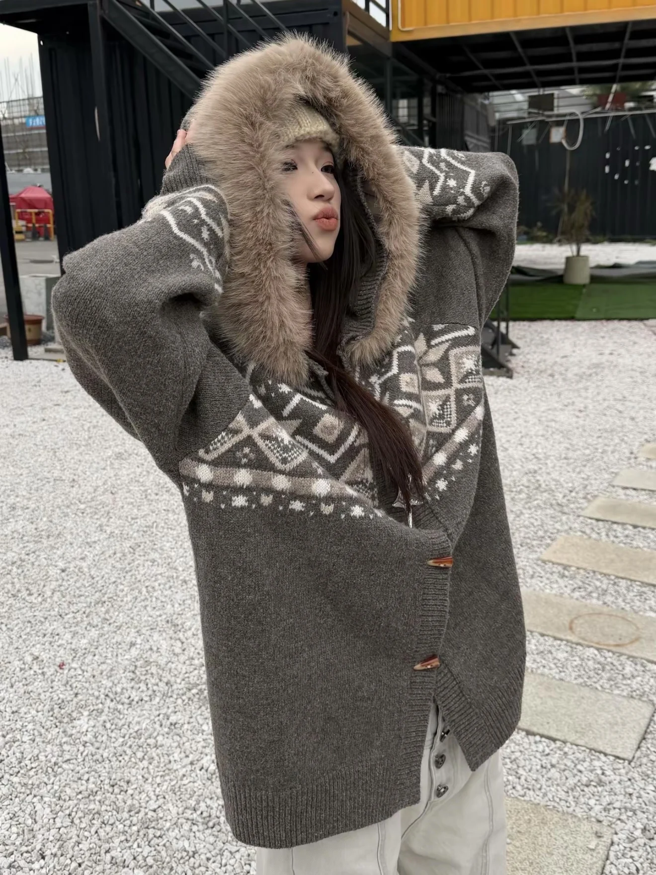 

Ретро-кардиган Fair Isle с меховым воротником, свободный повседневный свитер унисекс для осени и зимы, универсальный