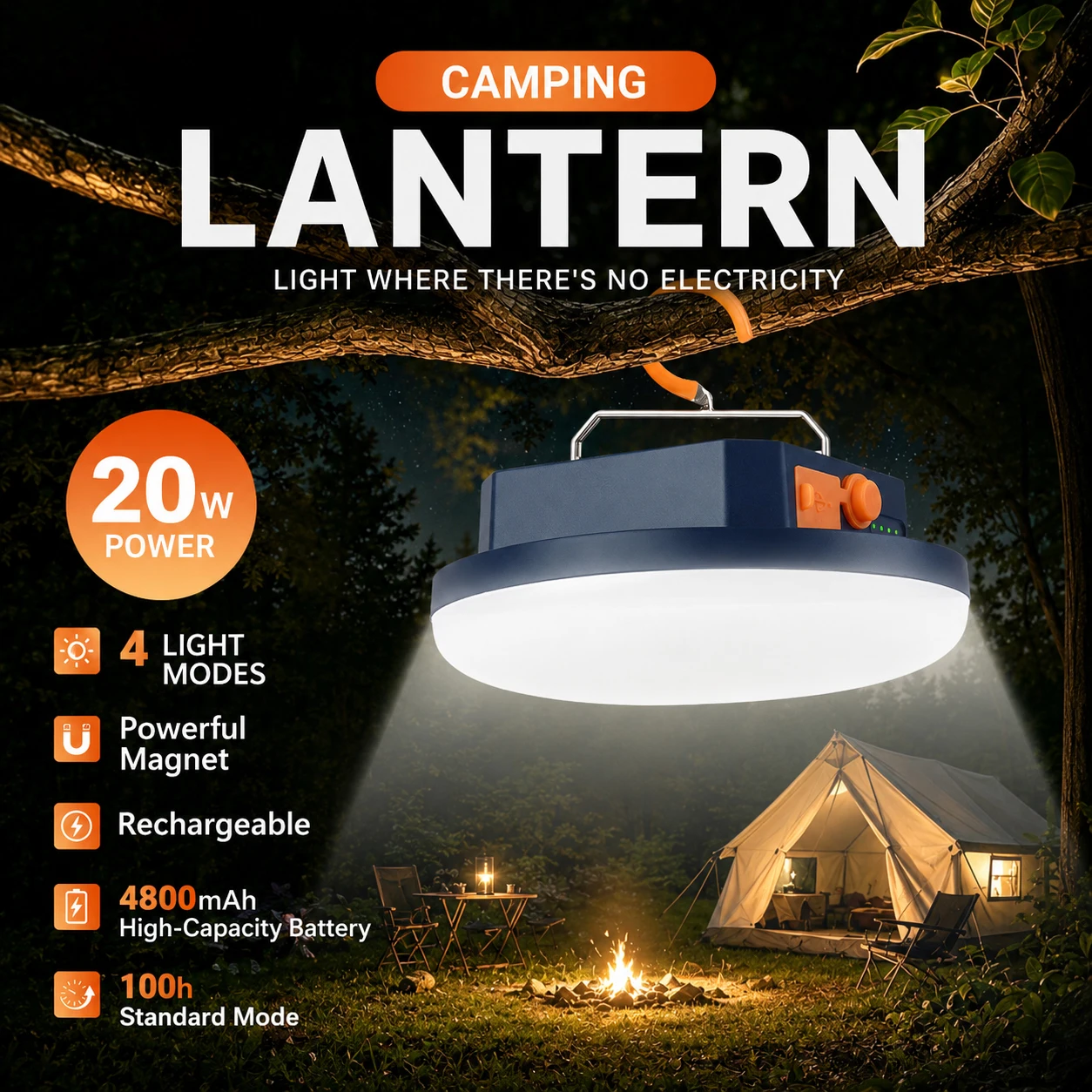 1pc Ultra Bright LED Camping Lantern, Portable Rechargeable Tent Emergency Light,4 Modes Cold Light, Hiking Camping Work Gear