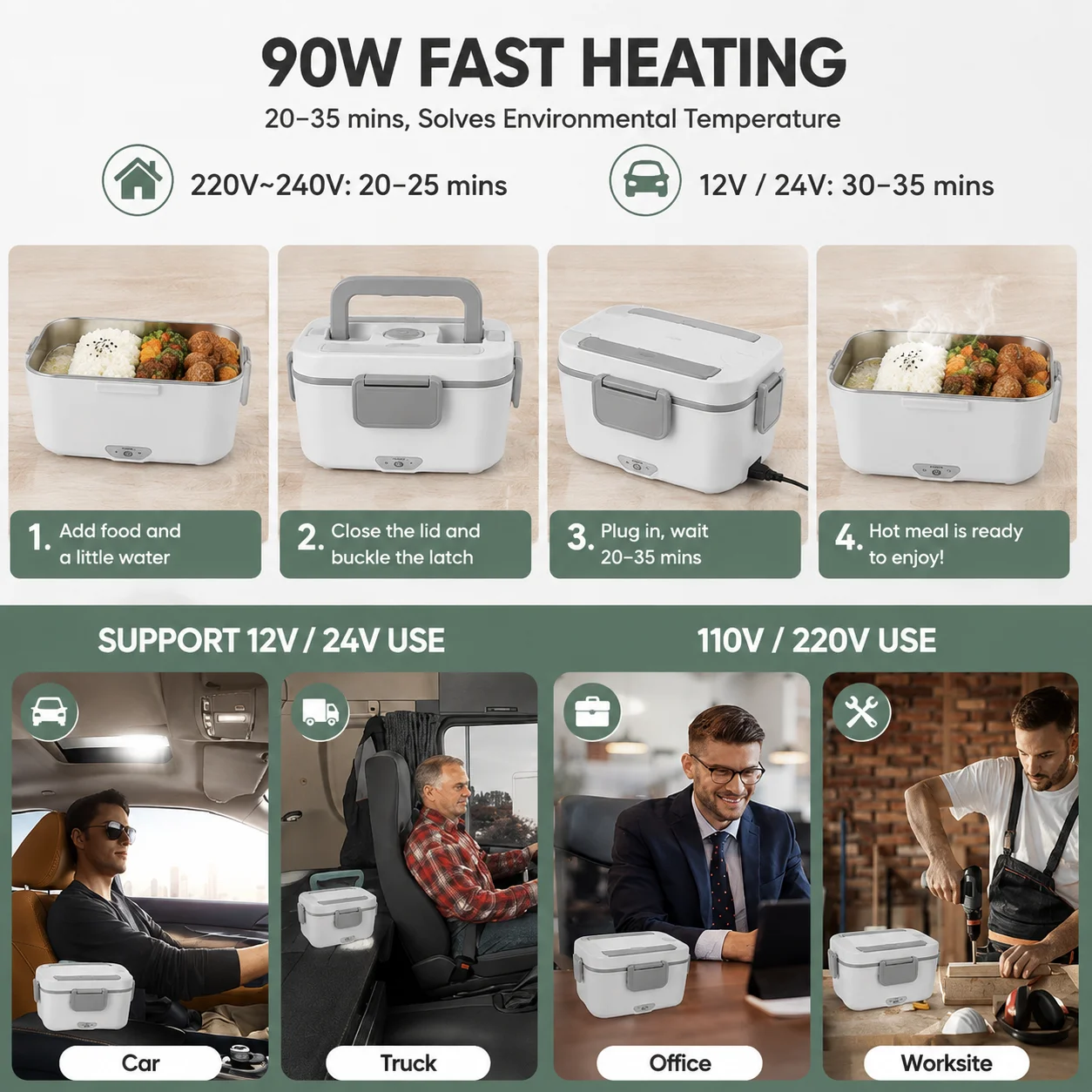 2,5L Elektrische Lunchbox, 90W Schnellheizende Essenswärmer, 304 Edelstahl-Behälter, Tragbare Beheizte Bento-Box, EU-Standard 220V & 12V/24V für Auto, LKW, Zuhause, Büro, Reisen, mit Edelstahl-Gabel, Löffel & Isoliertasche – Detail 1