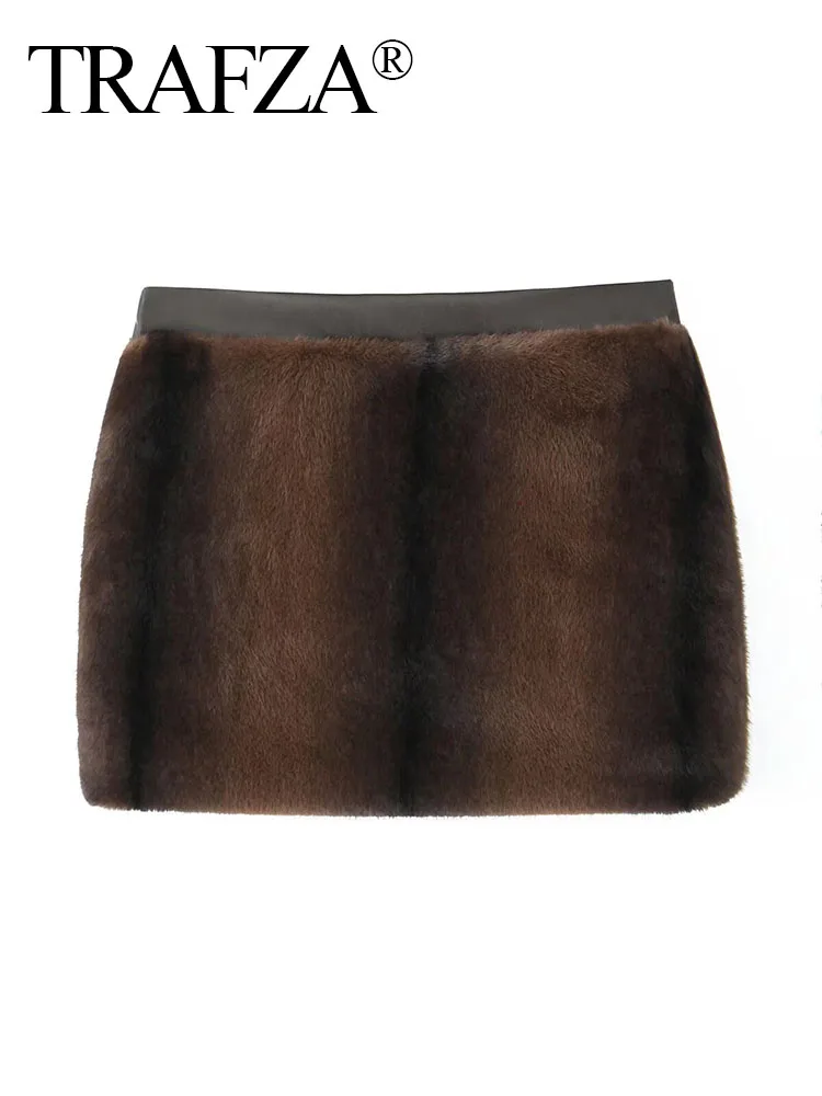 TRAFZA Women's Winter Fashion Vintage Warm Faux Fur Effect Skirt Female Commuting Versatile High Waist Pocket Zipper Short Skirt