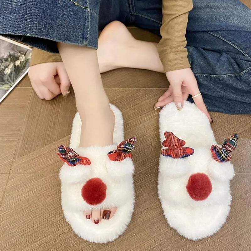 New Christmas Reindeer Slippers Flat Floor Soft Slides Non-Slip Winter Slip-On Slippers Comfortable Women Xmas Gift Slides Women