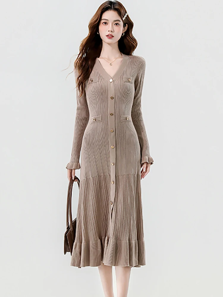 Vrouwen Effen Gebreide Single Breasted Lange Mouw V-hals Jurk Herfst Winter Elegante Verstoorde Lange Jurk 2025, Koreaanse Bodycon Jurk