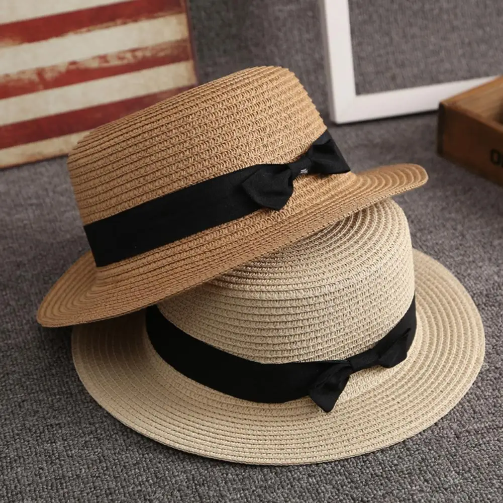 Bowknot Decor Flat Dome Straw Hat Folding Thin Women Wide Brim Sunscreen Bucket Hat Fashion Accessories