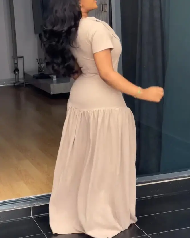 

Elegant Single Breasted Decor Cowl Neck Maxi Dress with Short Sleeves Cinched Waist Zipper Back Ruched Detail for Party Wear