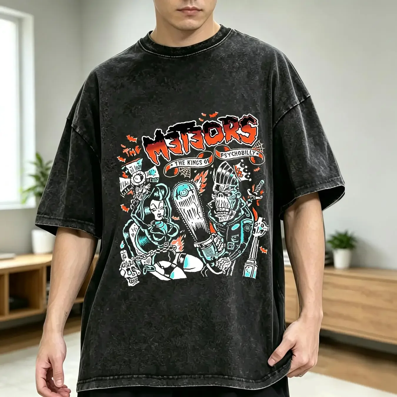 washed T Shirt The Meteors Psychobilly  Black Cotton S to 5XL HC1153 vintage Washed homme Unisex Versatile Casual Slightly