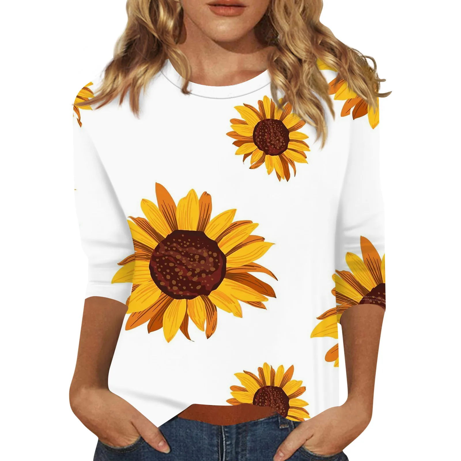 Women\'s t shirt Sunflower print Loose Casual blouse Floral Print Round Neck Three-quarter Sleeves Daily Versatile tops camisetas