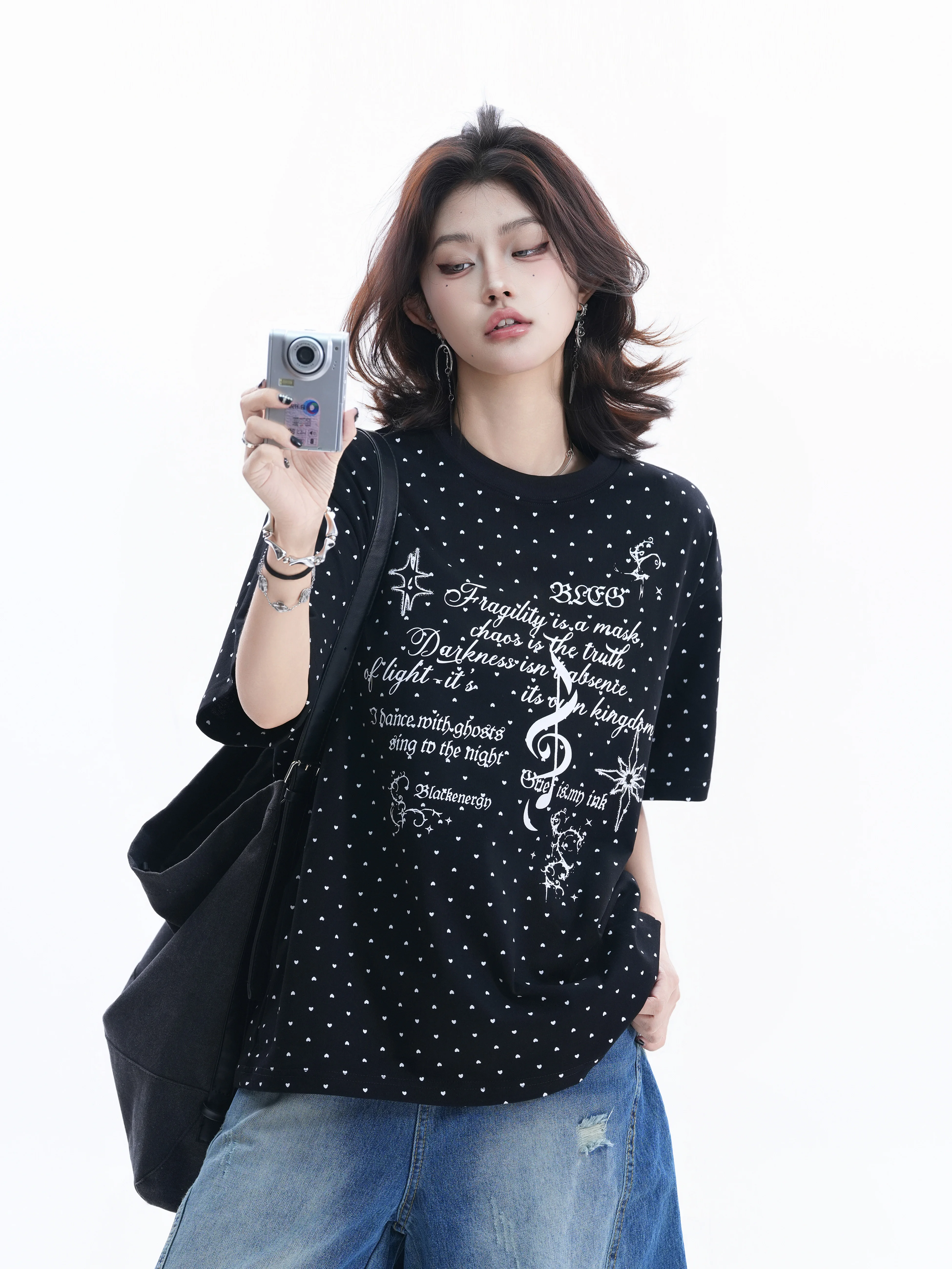 Retro Polka Dot Short Sleeve T-Shirt Women's Loose Fit Street Sport Couple Tops Cotton round Neck Print Casual Summer