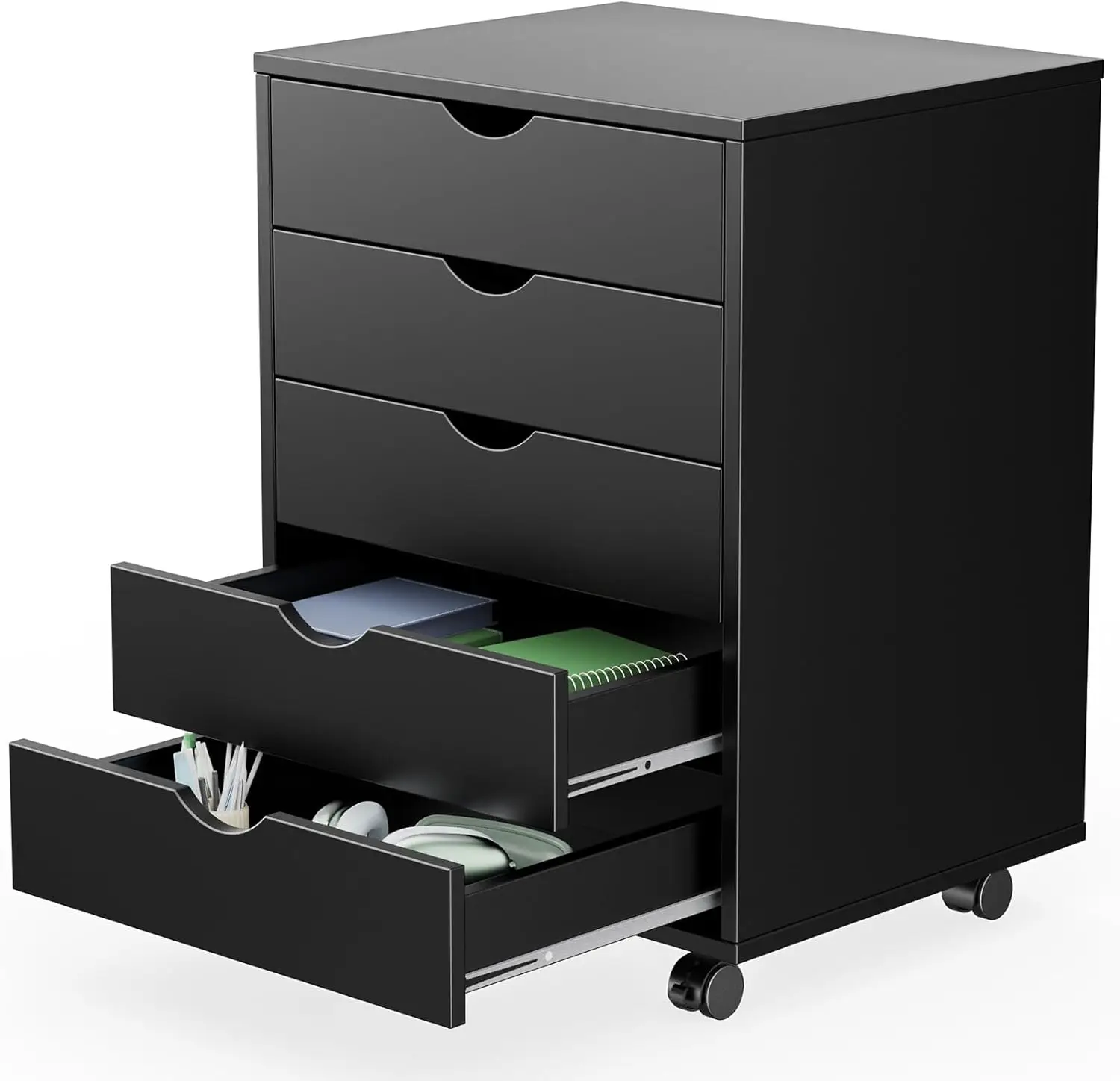 5 Drawer Chest Mobile Storage Cabinets Small Wooden Dresser with Wheels Room Organization Furniture for Office Home, Black Wood