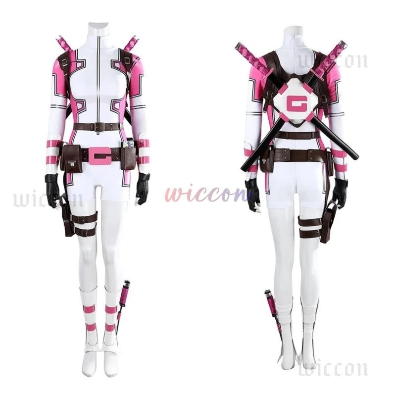 Gwen Pool Cosplay Costume Gwenpool Pink White Pool Bodysuit with Belt Set Lady Dead3pool Spandex Suit for Halloween Party