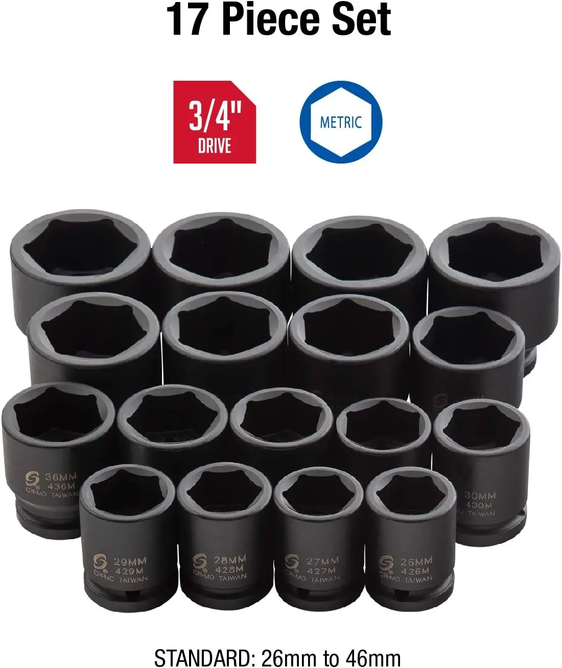 Sunex Tools 4684, 3/4 Inch Drive Heavy Duty Impact Socket Set, 17-Piece, Metric, 26Mm-46Mm, Cr-Mo Alloy Steel, Radius Corner