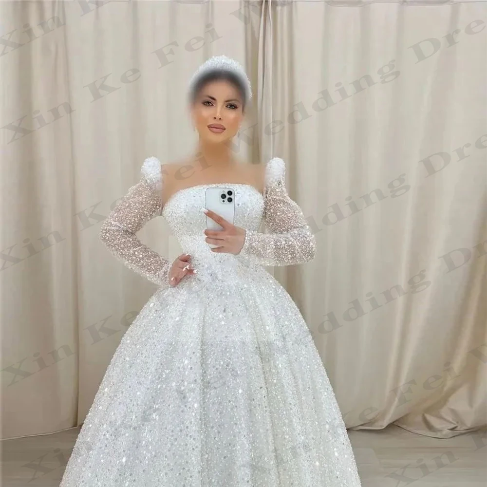 Vestidos de noiva espumantes para mulheres, manga comprida, vestidos de noiva princesa, vestido de noiva árabe Dubai