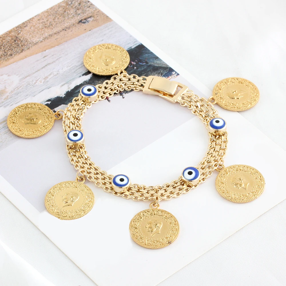 Lucky Blue Evil Eye Bracelet Jewelry 18k Real Gold Plated Portrait Coin Pendant Unisex Simple Chain Bracelets Wholesale Bulk