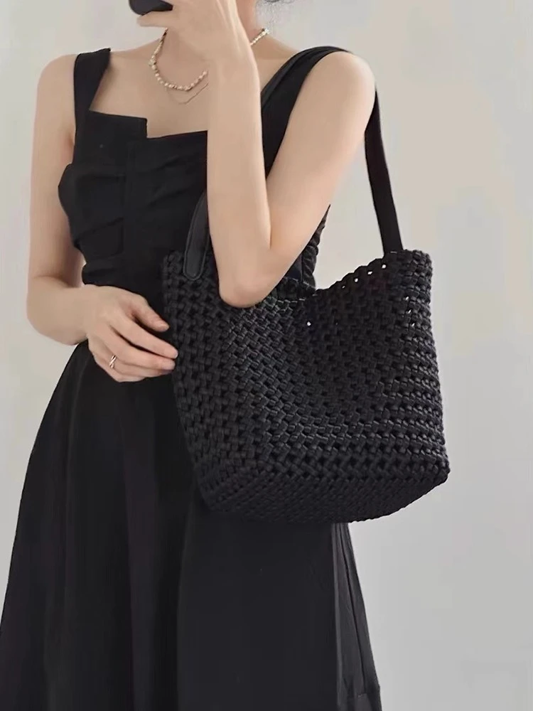 مصمم العلامة التجارية الرجعية حقيبة من القماش المجوف سعة كبيرة دلو حقائب الكتف تحت الإبط للنساء كيس À فام الرئيسي #2