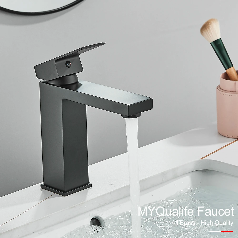 Black Square Basin Faucet Bathroom Washbasin Stainless Steel Tap Hot Cold Water Gold Tall Model Mixer Deck Mounted