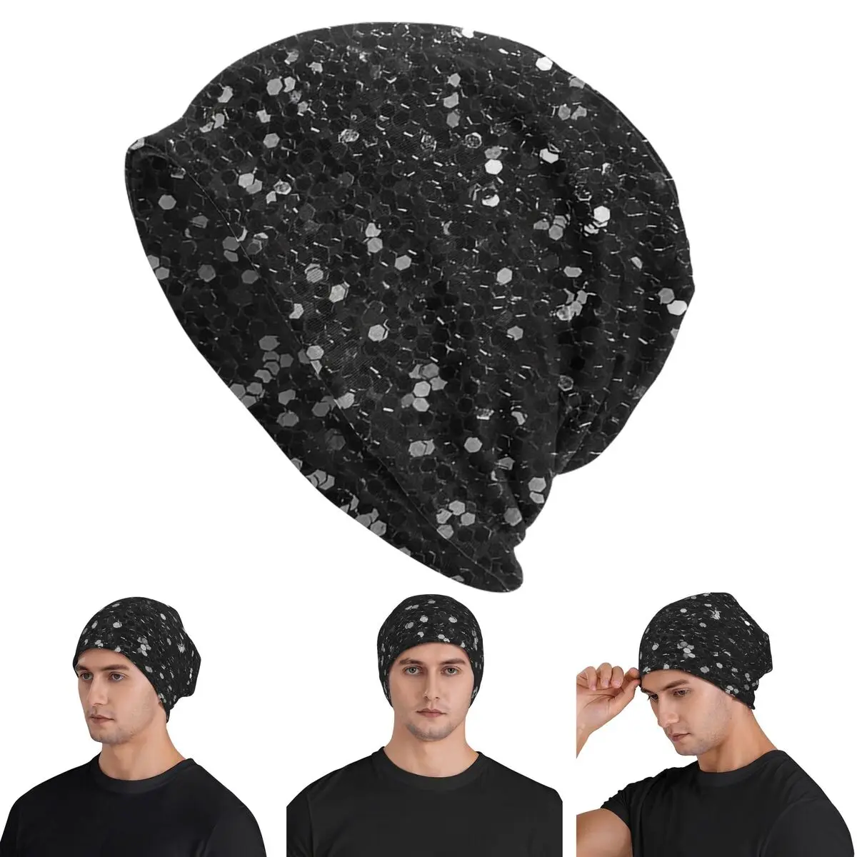 Black Glitter Look Chunky Sequin Warm Knitted Cap Hip Hop Bonnet Hat Autumn Winter Outdoor Beanies Hats for Men Women Adult