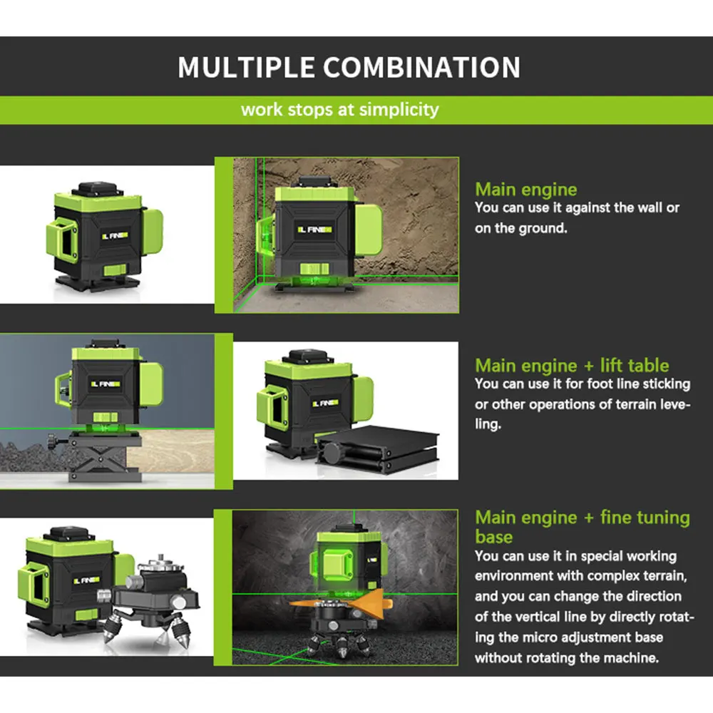 LFine 8/16/12 Lines 3D/4D Laser Level Horizontal Vertical with Remote Control 360° Self-leveling Professional Building Tools