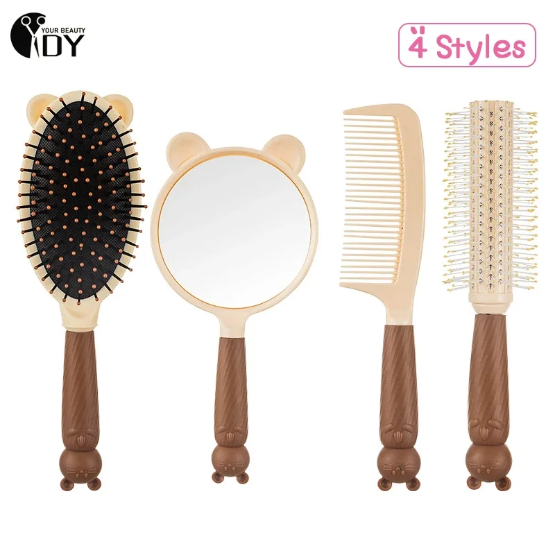 Cute Girl Hair Brush And Mirror Milk Tea Color Comb Kawaii Bear Ladies Gift Air Bag Massage Comb Skin Meridians Household Combs