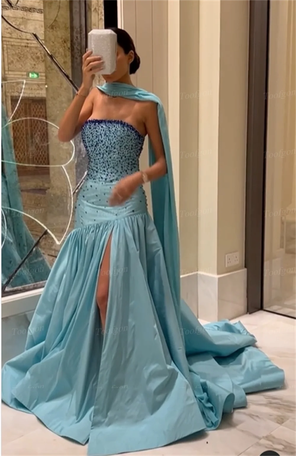 Toofgon Elegant Blue Saudi Arabic Women Prom Dresses Beaded Slit Dubai Formal Party Dress Evening Gowns Birthday Wear Customized