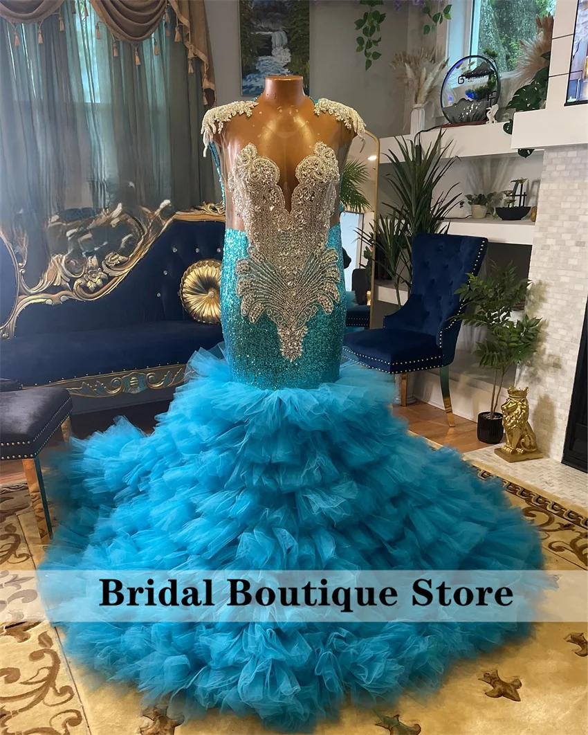 

Exquisite Blue Mermaid Long Prom Dresses Tiered Ruffle Bead Crystals Diamonds Birthday Party Dress Evening Gown Customized