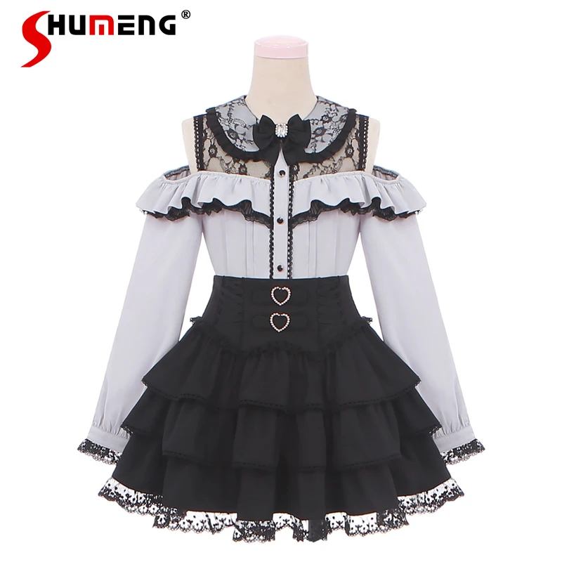 

Japanese Mines Style Subculture Lace Patchwork Off-Shoulder Long Sleeve Shirt High Waist A-Line Sweet Y2K Mini Skirt Women's Set