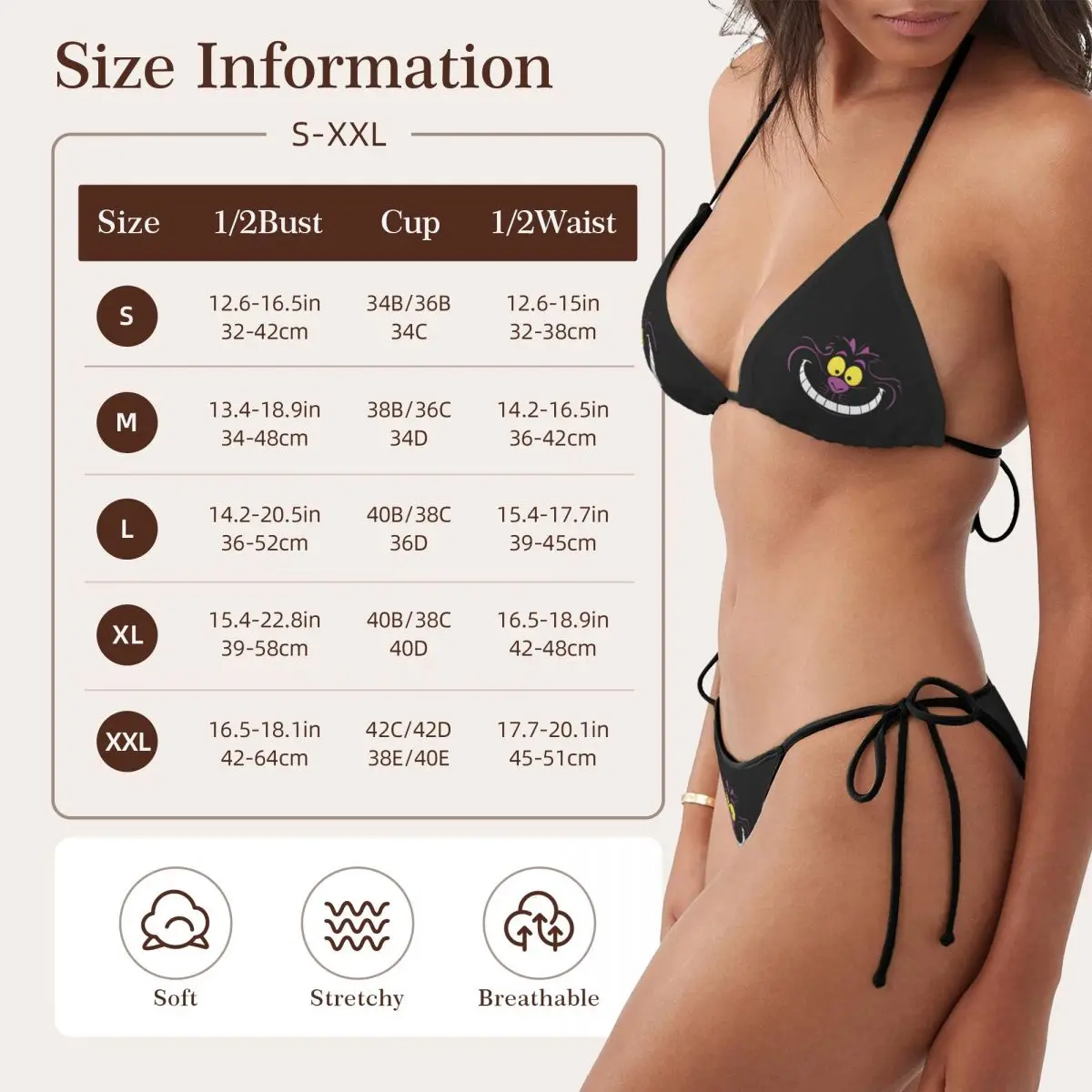 Set bikini a triangolo con stringhe all'americana personalizzato Cheshire Cat Costume da bagno a due pezzi da donna con bikini da spiaggia misterioso e carino