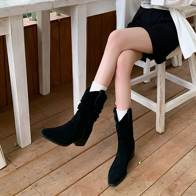 Spring Autumn Retro Square Toe Ladies Mid Calf Shoes on Promotion Y2k 2024 Comfortable and Elegant Work Women\'s Half High Boots
