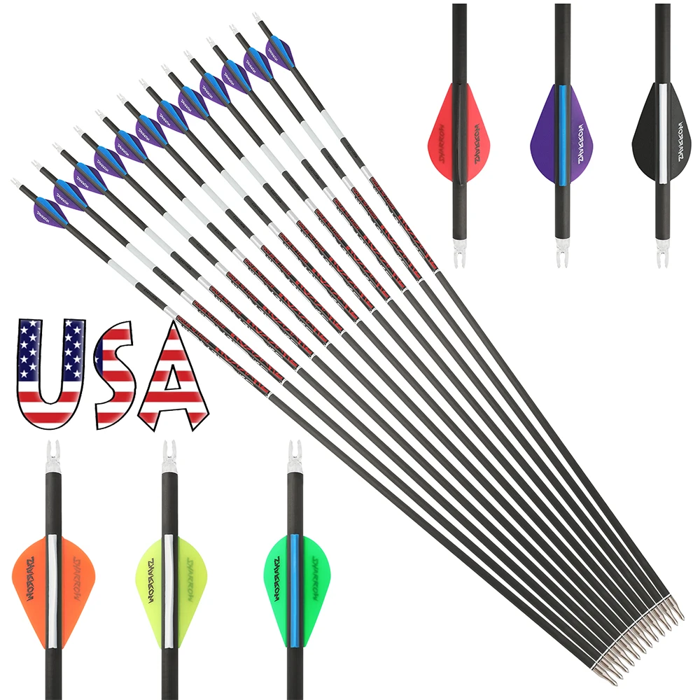 

12 шт. стрел для стрельбы из лука из чистого карбона, спайн 300/400/500, прямолинейность +/-0.003 дюйма, внутренний диаметр 6.2 мм, для охоты с луком, стрельбы по мишеням, спортивных мероприятий