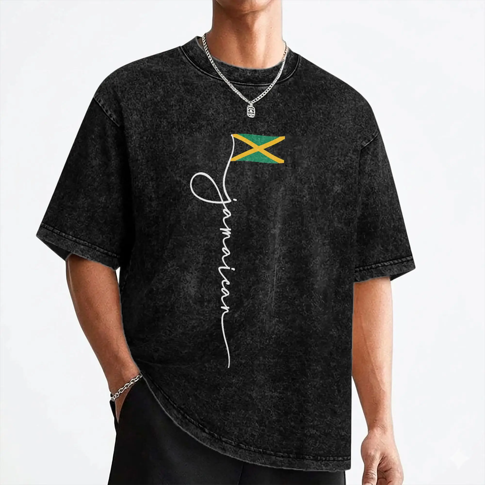 Jamaica Signature Jamaican Flag T Shirts Washed 100% Cotton Harajuku T-Shirt  Vintage Men Women Streetwear Graphic Tops Tees