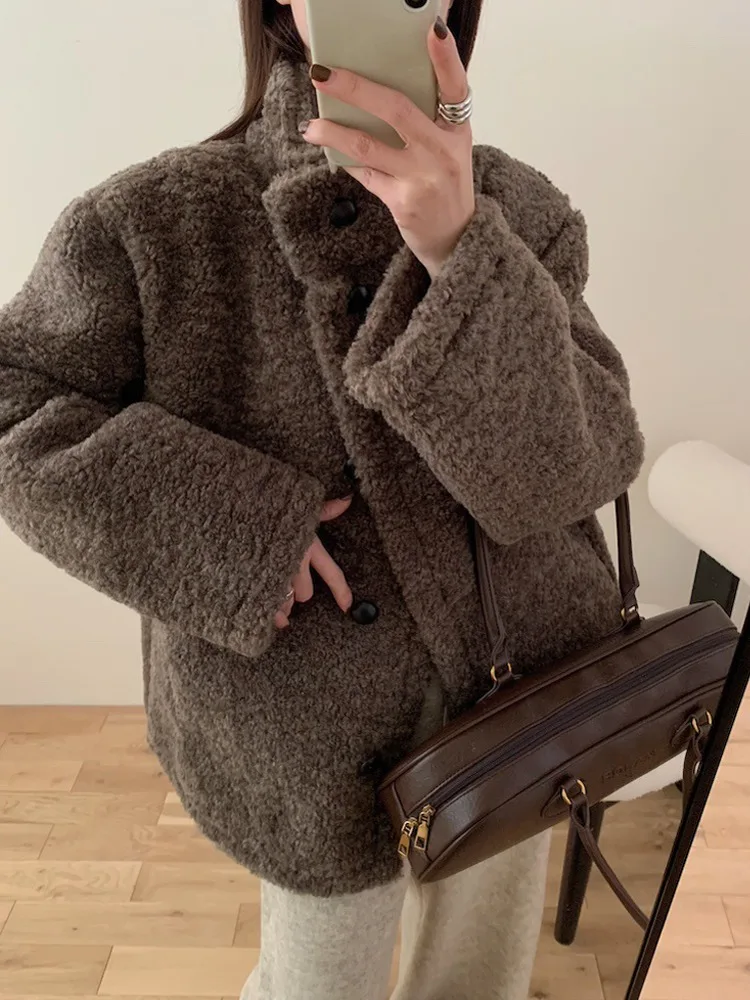Korean Style Thickened Fluffy Women's Jacket Warm Coat Vintage Button Design All-Match Outerwear for Winter Street Style
