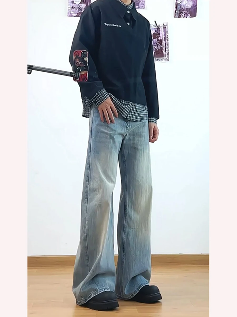 

Worn-In Bamboo Node Knife Jeans Loose Wide Leg Men's Spring CleanFit Waed American High Street Sle Straight Tube