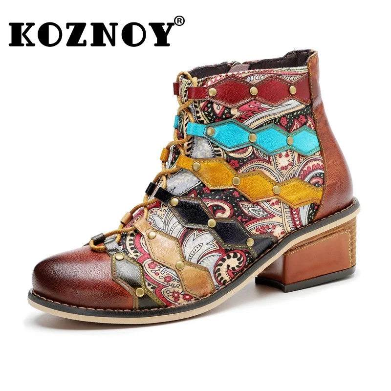 

Koznoy 5.5cm Synthetic Cloth Sheepskin Leather Plus Size Autumn Spring Ankle Booties Women ZIP Mixed Color Ethnic Fashion Shoes